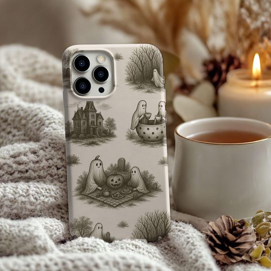 Vintage Ghost Picnic iPhone 16 Case  Spooky Cute Halloween Samsung Phone Cover, Cottagecore Ghostcore Aesthetic, Gothic Haunted House Scene