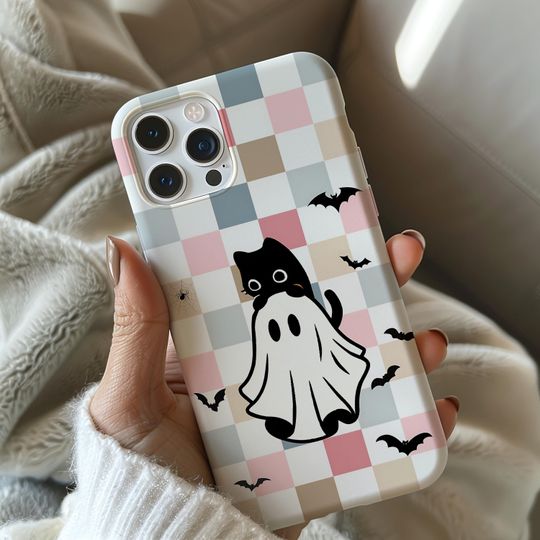 Discover Ghost Black Cat Halloween Phone Case for MagSafe iPhone 16 15 14 13 12 PRO Max Plus, Samsung Galaxy S24, S23 Spooky Whimsical Cute Horror