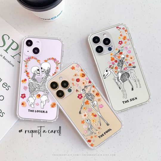 Discover Skeleton Tarot Card Clear Phone Case With Pressed Flower Print For iPhone 17 Air 16e 15 14 13 12 7 8 SE S25 MagSafe Case Lovers Fool Sun