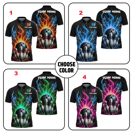 Personalized Flaming Bowling Polo, Multicolor Fireball Design