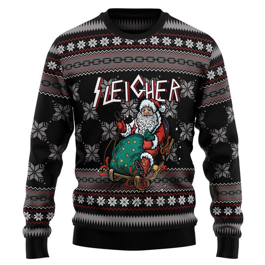 Santa Sleigher Christmas Sweater, Heavy Metal Rock Ugly Xmas Sweater, Funny Holiday Party Outfit, Gothic Punk Christmas Gift