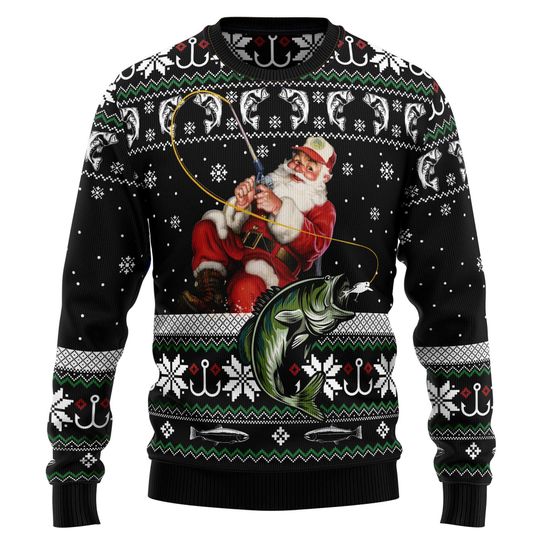 Santa Fishing Ugly Christmas Sweater, Funny Holiday Fisherman Pullover, Bass Fish Santa Claus Xmas Party Sweater for Men Women