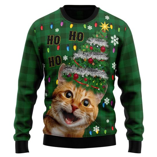 Funny Cat Christmas Sweater, Ho Ho Ho Custom Photo Pet in Tree Hat, Ugly Xmas Sweater, Cat Lover Holiday Outfit, Ginger Cat Winter Gift