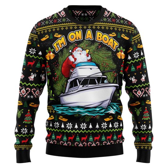 Discover Santa Boat Christmas Sweater, Custom Photo Face Im On a Boat Ugly Xmas Jumper, Nautical Holiday Pullover, Sweater for Men Women Sailors