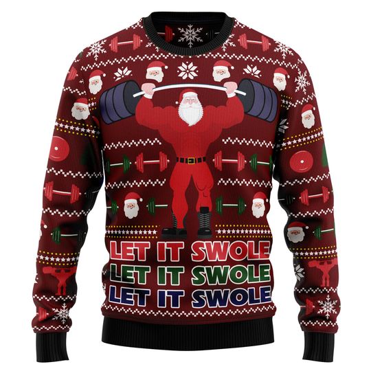 Gym Santa Christmas Sweater, Funny Let It Swole Ugly Xmas Jumper, Bodybuilder Holiday Pullover, Workout Lifting Sweater Men Women