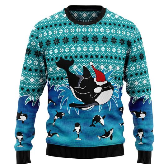 Orca Whale Christmas Sweater, Funny Ugly Xmas Jumper, Santa Hat Ocean Lover Pullover, Holiday Party Sweater for Men Women Kids