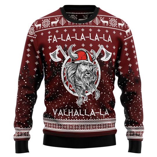 Viking Christmas Sweater, Funny Valhalla Ugly Xmas Jumper, Norse Mythology Holiday Pullover, Fa La La Valhalla Sweater for Men Women