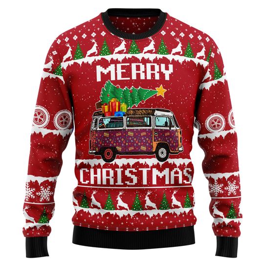 Discover Merry Christmas Hippie Van Sweater, Festive Christmas Sweater with VW Van and Christmas Tree, Vintage Holiday Sweater with Gifts Reindeer