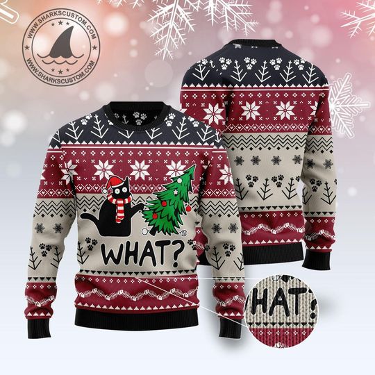 What Christmas Cat Sweater, Pet Photo Holiday Sweater, Festive Sweater with Cat and Christmas Tree, Xmas Sweater for Cat Lovers