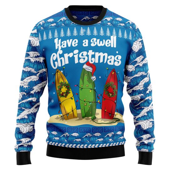 Discover Have a Swell Christmas Sweater, Surfboard Holiday Sweater, Festive Christmas Sweater with Surfboards and Waves, Beach Xmas Sweater