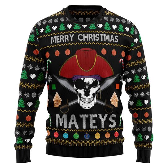 Merry Christmas Mateys Pirate Sweater, Funny Pirate Christmas Sweater, Festive Sweater with Pirate Skull Crossbones, Holiday Xmas Sweater