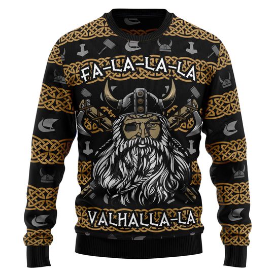 Valhalla Christmas Sweater, Viking Holiday Sweater, Festive Sweater with Viking Warrior Design, Falala Viking Xmas Sweater