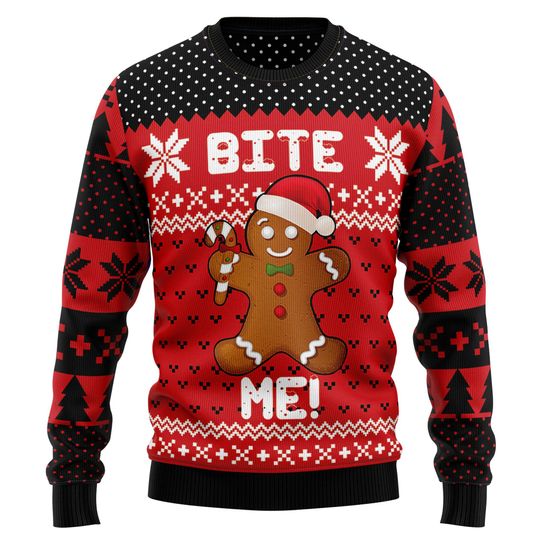Discover Christmas Gingerbread Sweater, Funny Bite Me Gingerbread Man Xmas Sweater, Holiday Apparel with Santa Gingerbread Design