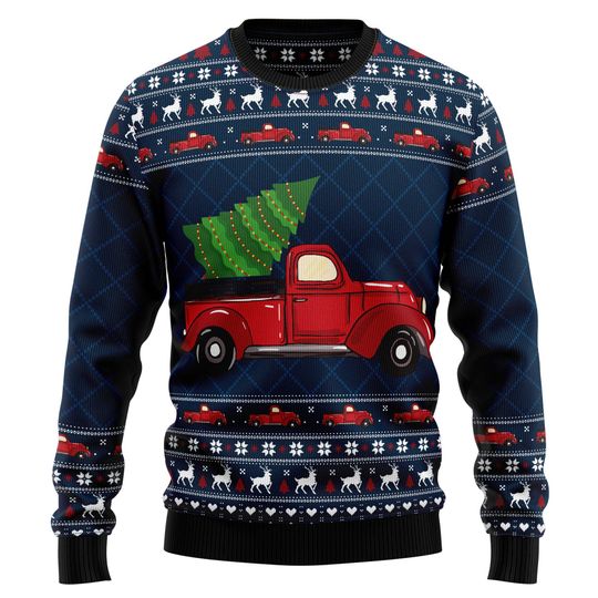 Discover Vintage Christmas Truck Sweater, Holiday Sweater with Red Truck and Christmas Tree, Festive Xmas Sweater with Classic Truck Design
