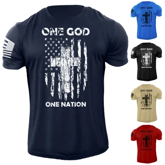 Discover Men's One GOD One Nation Cross USA Flag T Shirt American Patriotic 100% Cotton