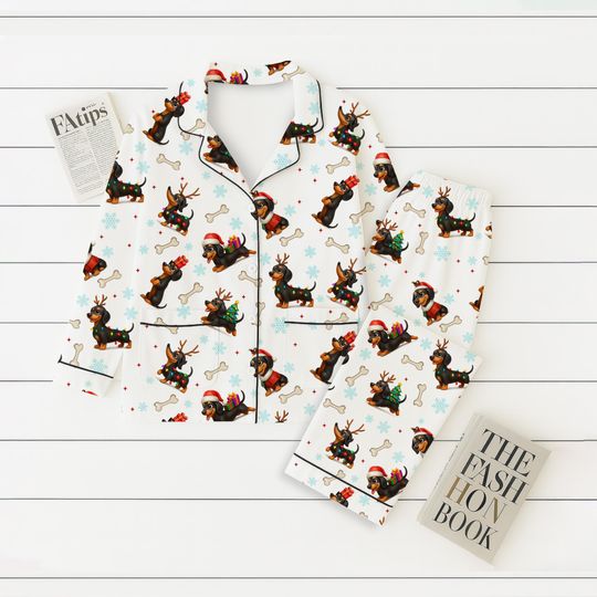 Christmas Santa Dachshund Dog Pajamas Set, Cute Pet Holiday Pajamas, Gift for Pet Lover, Dog Mom Sleepwear, Xmas Loungewear