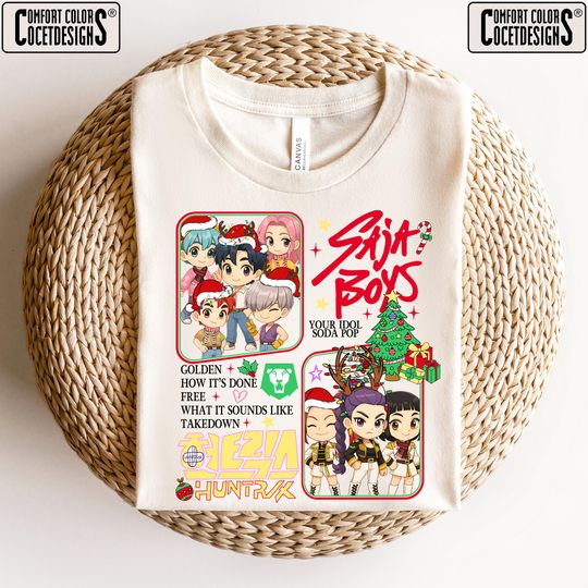Discover Saja Boys Huntrix Christmas T-Shirt, Kpop Demon Hunters Merry Christmas Tee, Christmas Gift For Kpop Fans, Cute Chibi Idol Group Xmas Shirt