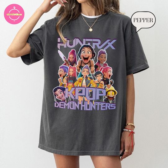 Discover Huntrix Kpop Demon Hunters Shirt, Oversized Graphic Tee, Vintage Washed Fan Top, Concert Gift