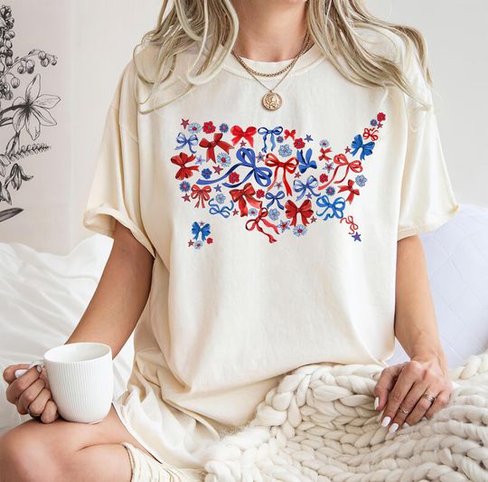Discover 4th July Bow Shirt, Retro America Bow,  Coquette USA 4h July Bow Shirt, American Girly Bow, America Map Bow T-Shirt