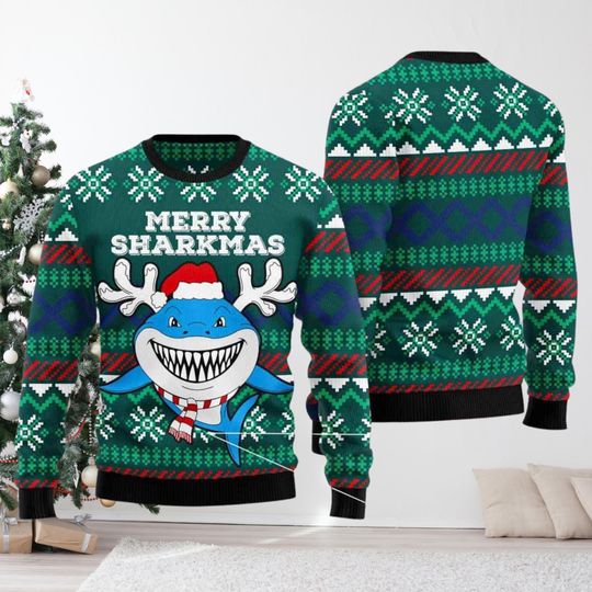 Merry Sharkmas Ugly Christmas Sweater, Funny Shark Reindeer Holiday Ugly Sweatshirt, Ocean Animal Ugly Sweatshirt, Xmas Gift Idea