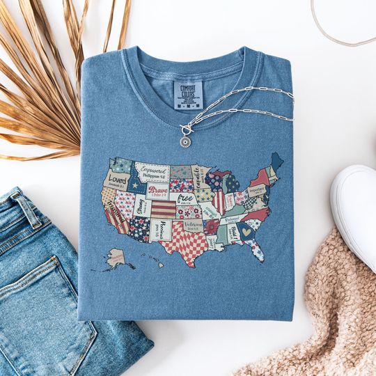 Discover America Map Shirt, Retro USA Shirt, Bible Verse USA Map Shirt, Floral America Shirt, Independence Shirt, 4th of July Shirt