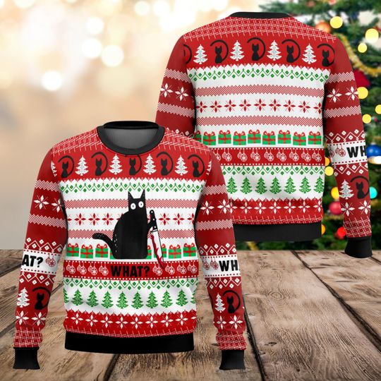 Discover What Cat Ugly Christmas Sweater, Funny Cat Holiday Ugly Sweatshirt, Cat Meme Ugly Sweater, Christmas Clothing