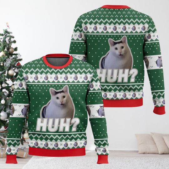 Huh Cat Meme Ugly Christmas Sweater, Funny Cat Holiday Ugly Sweatshirt, Meme Christmas Sweater, Christmas Gift