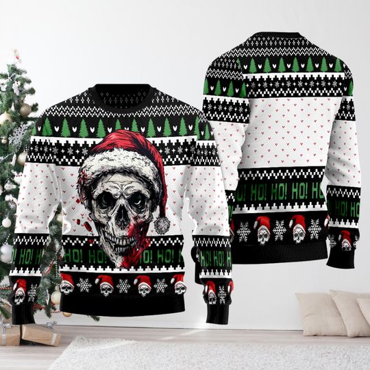 Discover Skull Ugly Christmas Sweater, Horror Santa Sweatshirt, Halloween Ugly Sweatshirt, Spooky Season Outfit, Xmas Gift