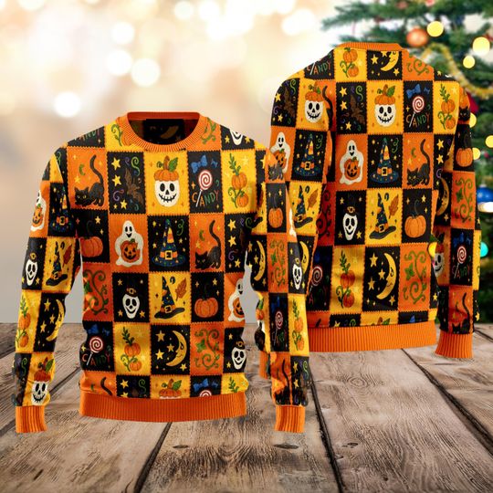 Discover Halloween Pattern Ugly Sweater, Cute Ghost, Vintage Halloween Ugly Sweatshirt, Pumpkin Cat Sweatshirt, Spooky Season Gift