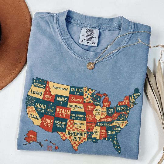 USA Bible Verse Map T-Shirt, Christian 4th of July Shirt, Patriotic Scripture Tee, Faith-Based USA States Map, Religious Gift for Women