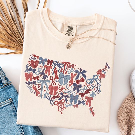 Discover Coquette America Map Shirt, USA Silhouette T-Shirt, Coquette Bow 4th of July Shirt, USA Map Bows Tee, American Girl Shirt