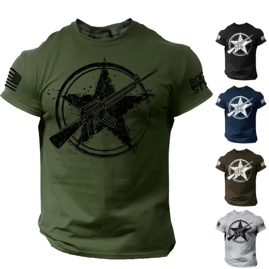 America Gun Star Men's T-Shirt Rifle Flag USA Military Style Tee