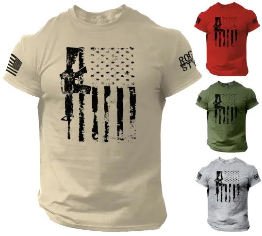 Discover Distressed USA Flag T-Shirt with AR-15 Rifle 2nd Amendment Men's Tee