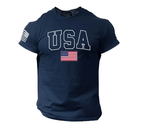 USA Flag Navy Blue T-Shirt - Patriotic American College Style 3D Tee