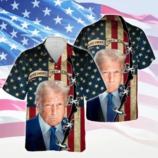 Discover Make America Great Again Trump 2025 With American Flag Hawaiian Shirt