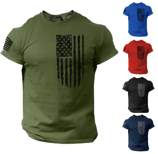 Discover America Flag T-shirt Black Cotton Military Distressed USA Gym Top