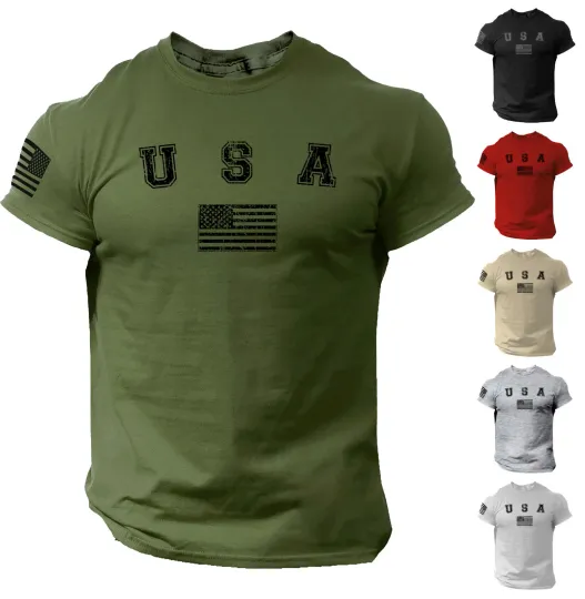 Discover USA Flag Men College Shirt Patriotic Gym American 100% Cotton
