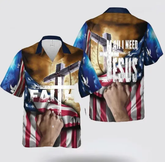 Discover All I Need Is Jesus American Flag Cross Hawaiian Shirts Size S-5XL