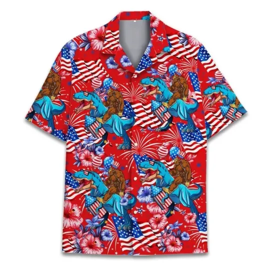 Discover Bigfoot Riding Dinosaur American Flag Hawaiian Shirt Men Women