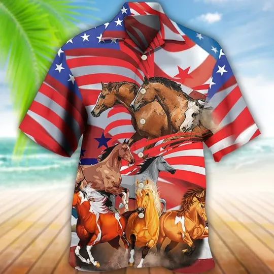 Shirt Summer Hawaiian Shirt Horse Graphic Prints American Flag Horse Racing