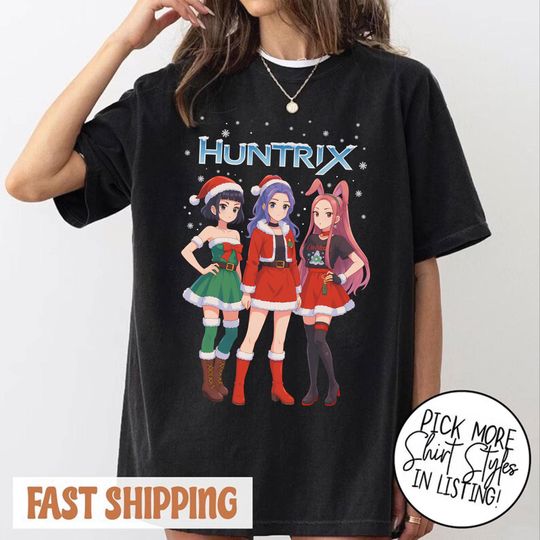 Huntrix Girls And Demon Hunters Tiger Christmas T-Shirt, Cute Derpy Tiger Huntrix Girls Merry Christmas Shirt, Huntrix Group Christmas Shirt