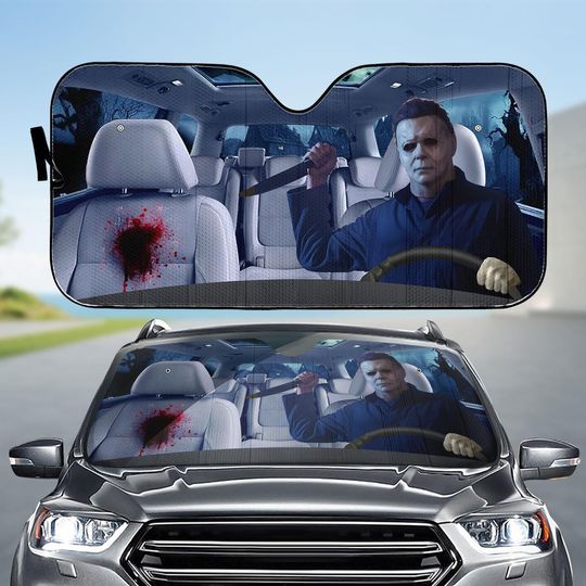 Michael Myers Horror Car Sunshade, Halloween Auto Front Windshield Shade, Scary Movie Car Accessory, Spooky Horror Fan Car Decor