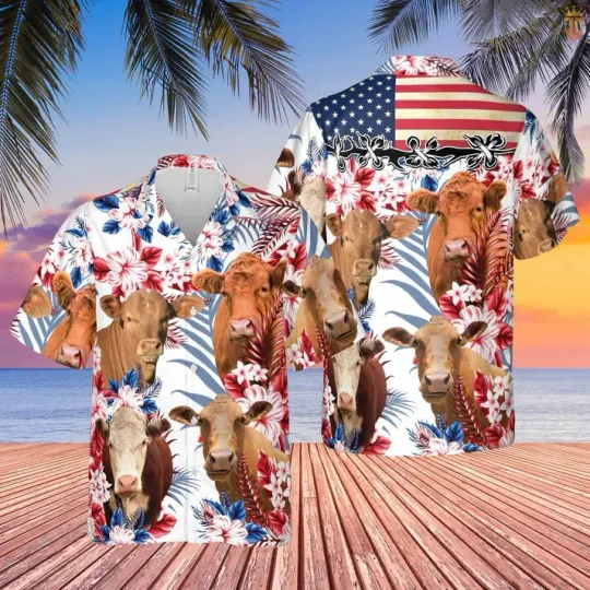 Discover Cow American Flag All Over Printed 3D Hawaiian Shirt