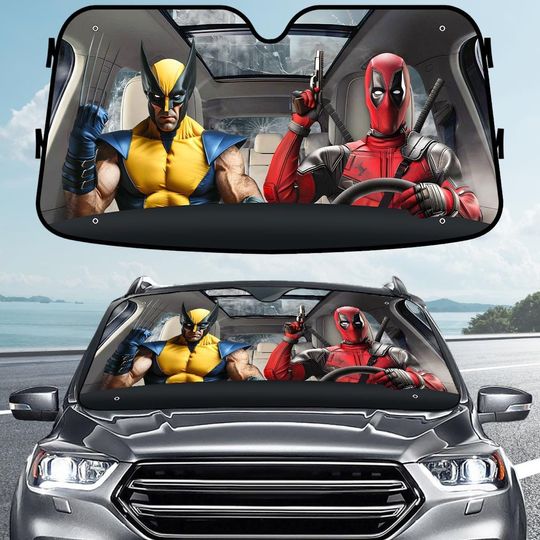 Deadpool and Wolverine Car Sunshade, Funny Superhero Windshield Cover, AntiUV Folding Car Visor, Marvel Comic Fan Gift, Movie Fan Cover