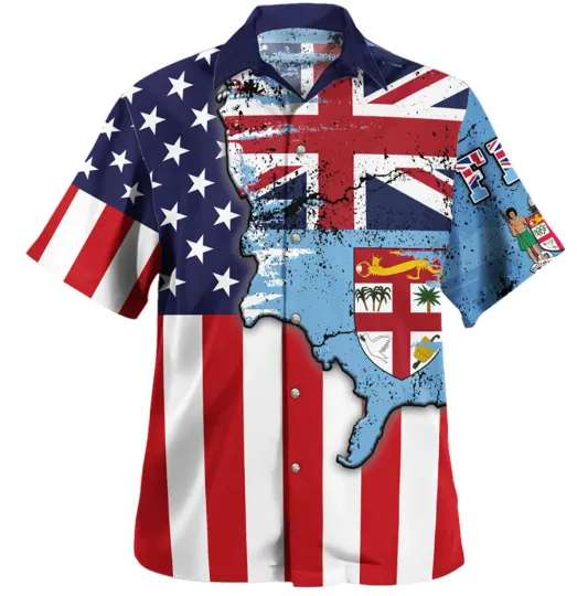 Discover Fiji Hawaiian Shirt Flag American Half Concept Short Sleeve Shirt Button Down