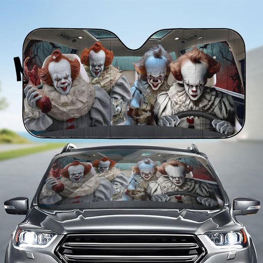 Discover Horror Clown IT Car Sunshade, Scary Clown Horror Windshield Cover, Creepy Halloween Auto Accessory, Spooky Movie Fan C Cover