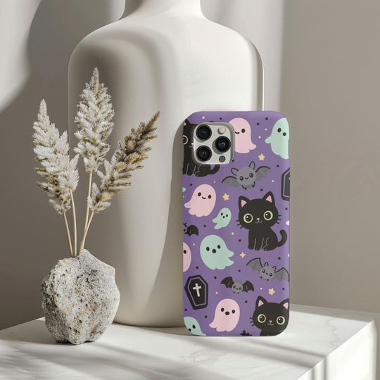 Discover Cute Halloween Black Cat Phone Case, Kawaii Ghosts Bats Stars on Purple, Spooky Fall Season Aesthetic iPhone Cover Cute Pumpkin Samsung Case