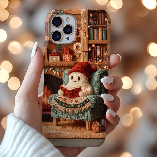 Discover Cozy Ghost Reader Phone Case Embroidered Look Tough Case for Book Lovers |Cute Christmas Aesthetic |  iPhone & Samsung Case Cover+Magnetic