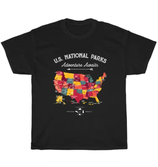 Discover US National Parks Map T-Shirt Unisex Vintage Camping Hiking