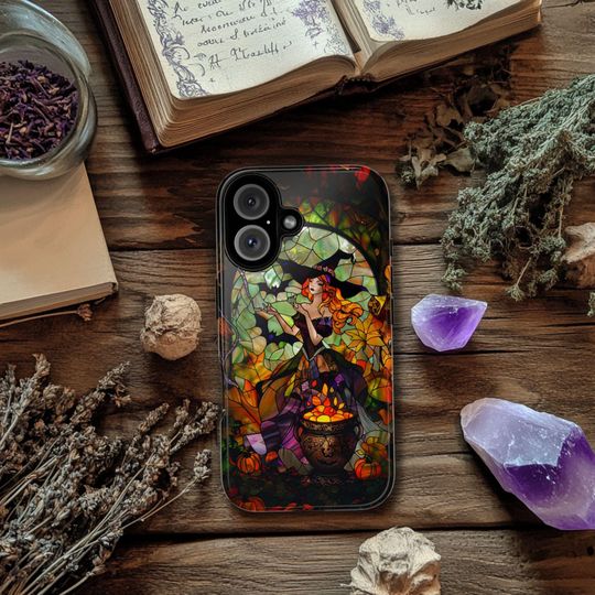 Discover Halloween Witch Phone Case: Stained Glass Style, Spooky Bats